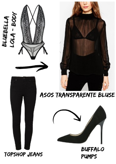 Transparente Bluse in schwarz, Topshop Jeans, schönsten Dessous